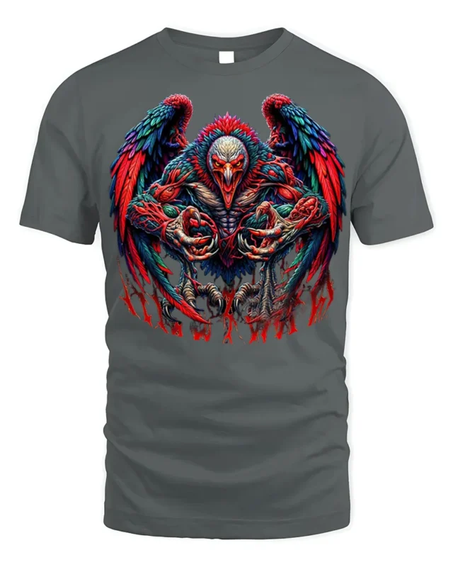 Savage Demon Rooster Graphic T-shirt for Men - gray t-shirt on white background