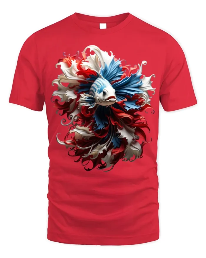 American Betta Fish Art T-shirt Patriotic Style - red t-shirt on white background