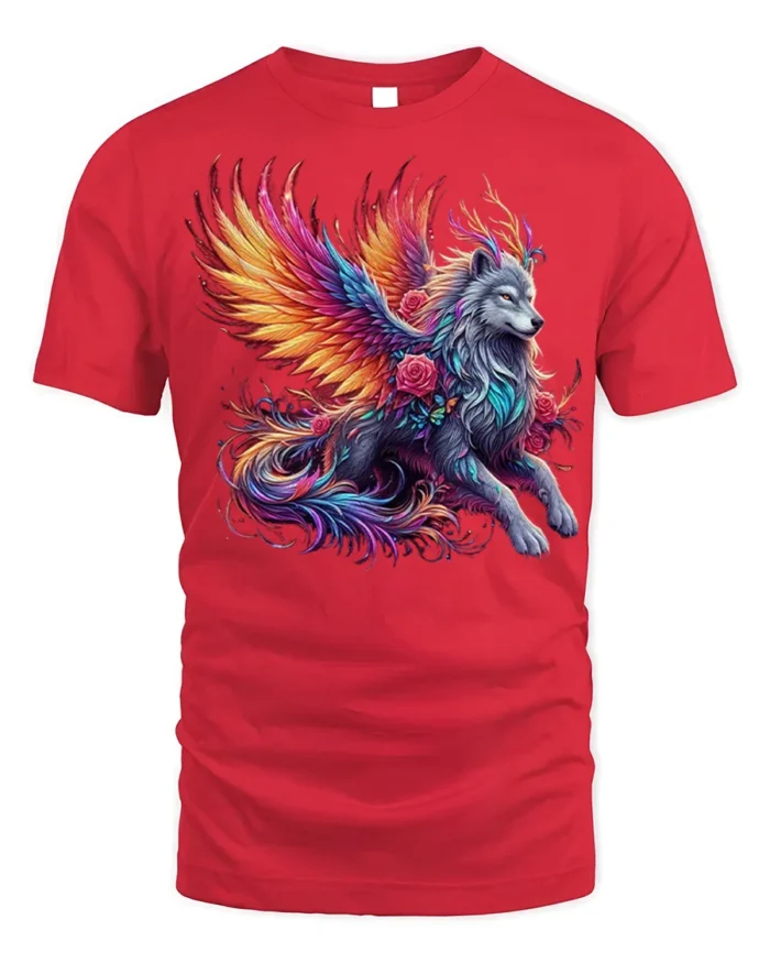 Mystic Winged Wolf Fantasy Art T-shirt for Men - red t-shirt on white background