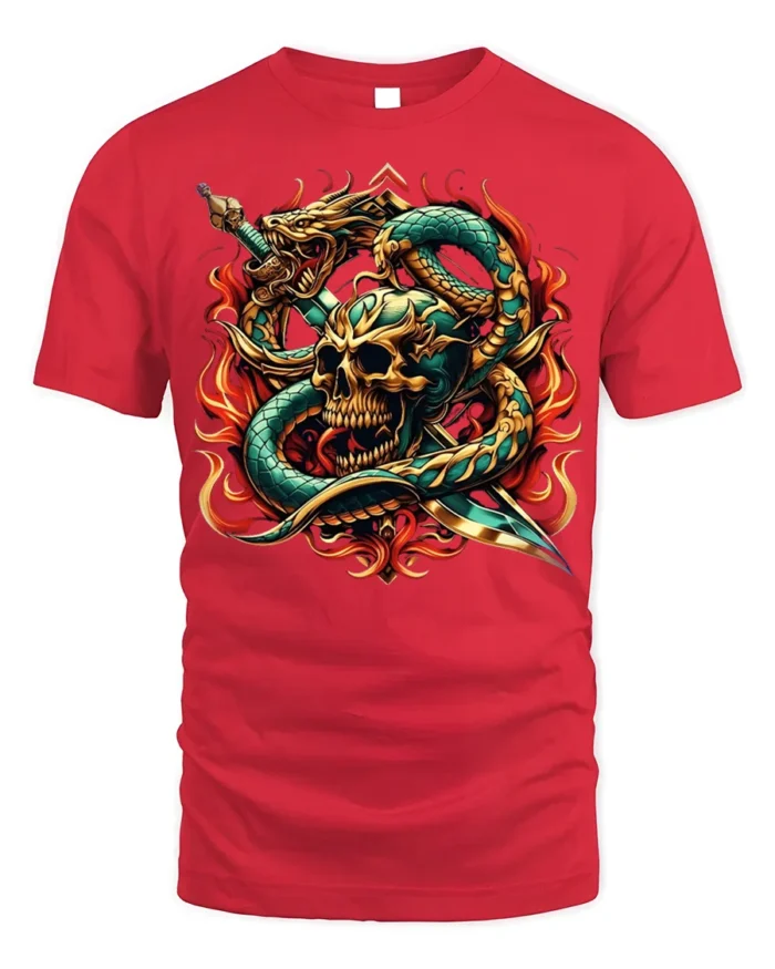Flaming Skull Snake Sword Graphic T-Shirt - red t-shirt on white background