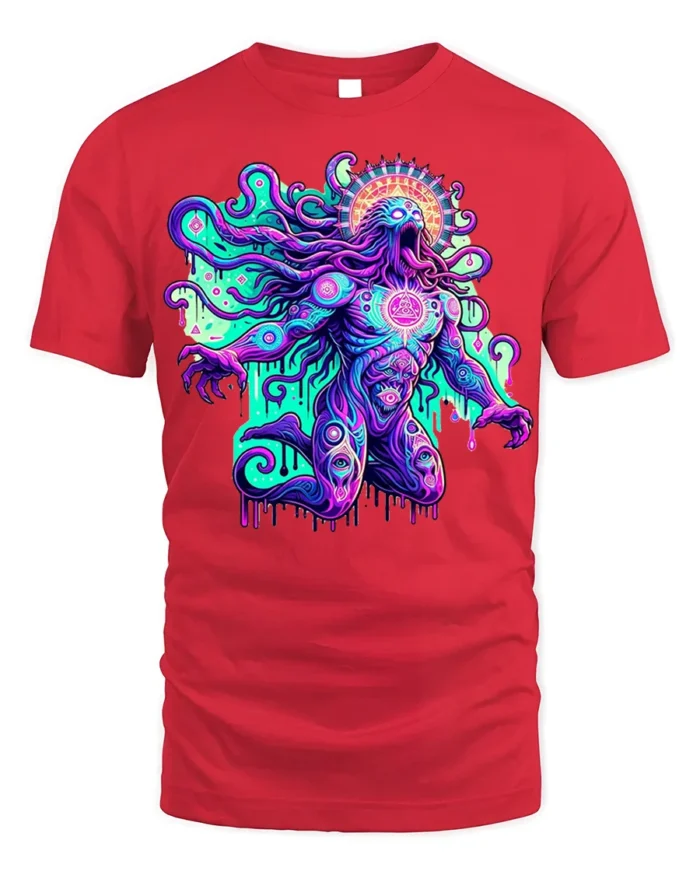 Psychedelic Cosmic Deity Graphic T-Shirt - red t-shirt on white background