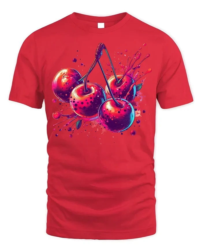 Neon Cherry Splash Fruit Art T-Shirt - red t-shirt on white background