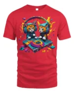 DJ Kittens Party Mix Graphic T-Shirt for Cat Fans - red t-shirt on white background