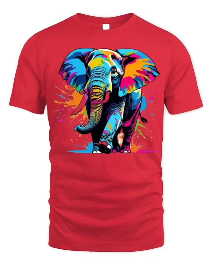 Color Splash Elephant Graphic Animal T-Shirt - red t-shirt on white background