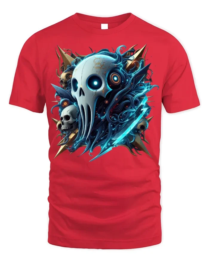 Cyber Reaper Skull T-shirt Gothic Tech Style Tee - red t-shirt on white background