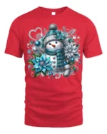 Snowman Christmas T-shirt with Blue Floral Design - red t-shirt on white background
