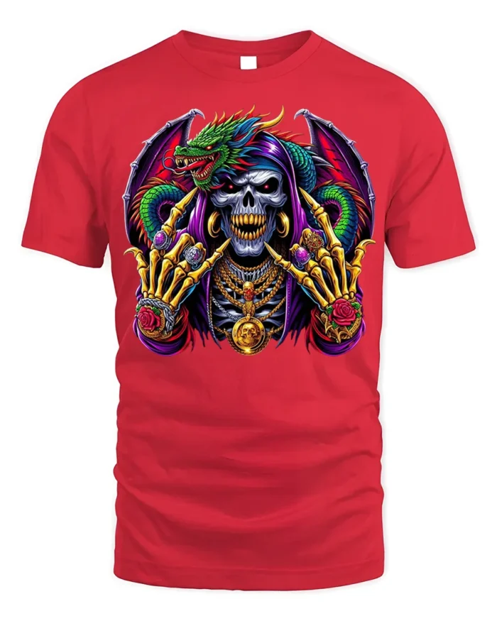 Grim Reaper Dragon T-shirt with Gothic Artwork - red t-shirt on white background