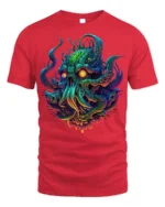 Psychedelic Cthulhu Skull Monster T-shirt - red t-shirt on white background