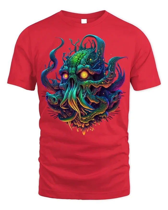 Psychedelic Cthulhu Skull Monster T-shirt - red t-shirt on white background