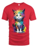 Colorful Paint Splash Cat Graphic T-shirt - red t-shirt on white background