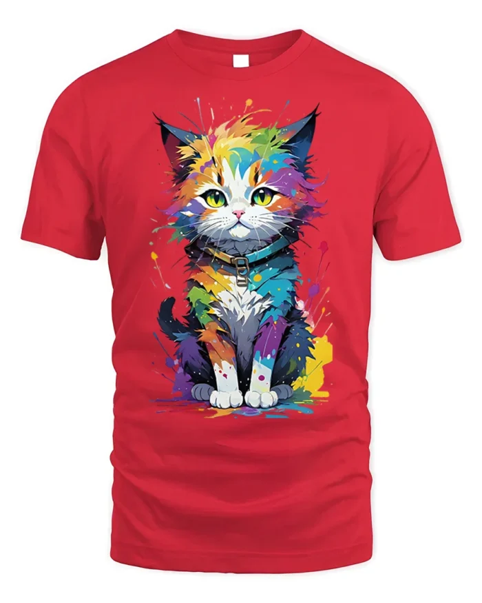 Colorful Paint Splash Cat Graphic T-shirt - red t-shirt on white background