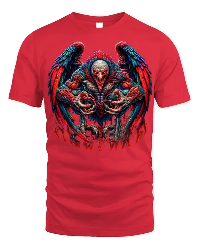 Savage Demon Rooster Graphic T-shirt for Men - red t-shirt on white background
