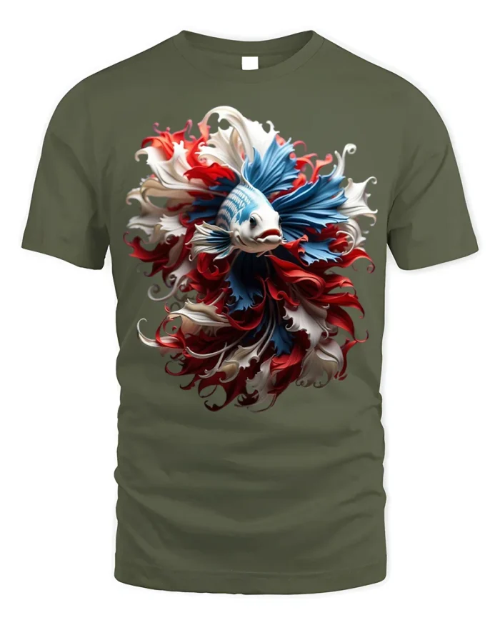 American Betta Fish Art T-shirt Patriotic Style - military green t-shirt on white background