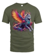 Mystic Winged Wolf Fantasy Art T-shirt for Men - military green t-shirt on white background