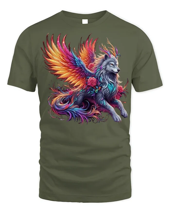 Mystic Winged Wolf Fantasy Art T-shirt for Men - military green t-shirt on white background