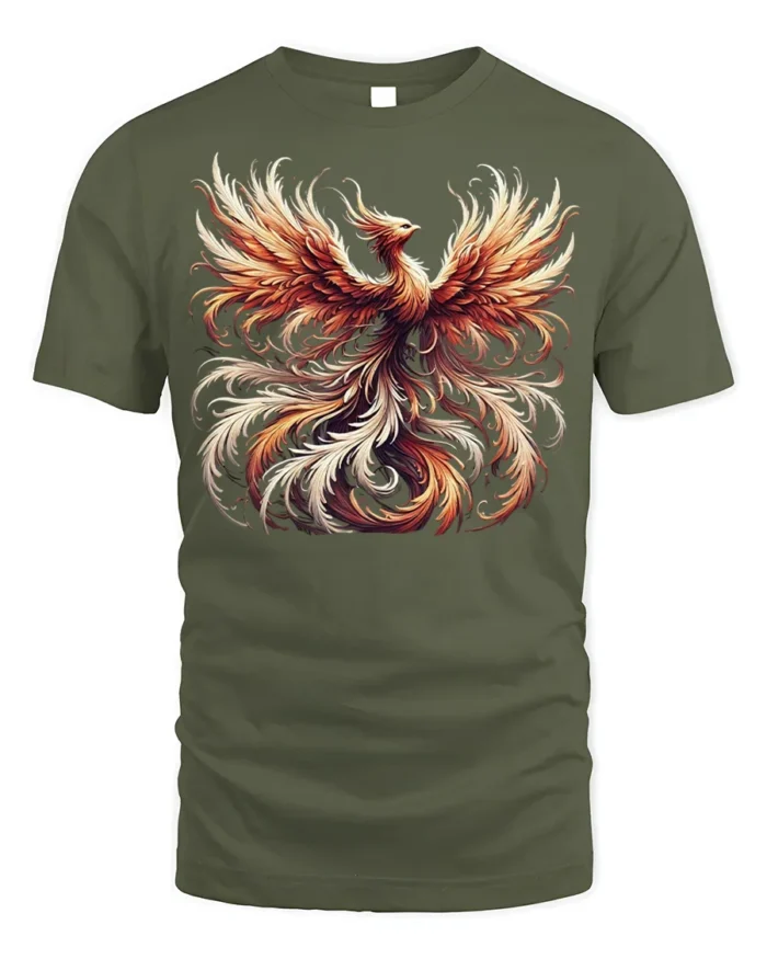 Fiery Phoenix Rise Graphic T-Shirt for Men - military green t-shirt on white background