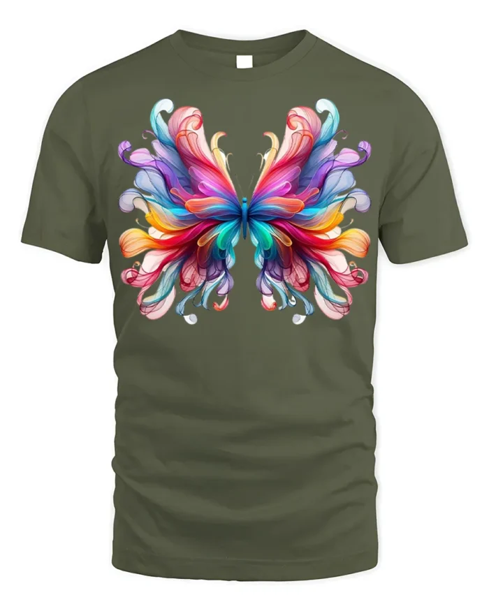 Colorful Abstract Butterfly Graphic T-Shirt - military green t-shirt on white background