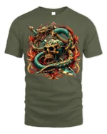 Flaming Skull Snake Sword Graphic T-Shirt - military green t-shirt on white background