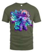 Psychedelic Cosmic Deity Graphic T-Shirt - military green t-shirt on white background
