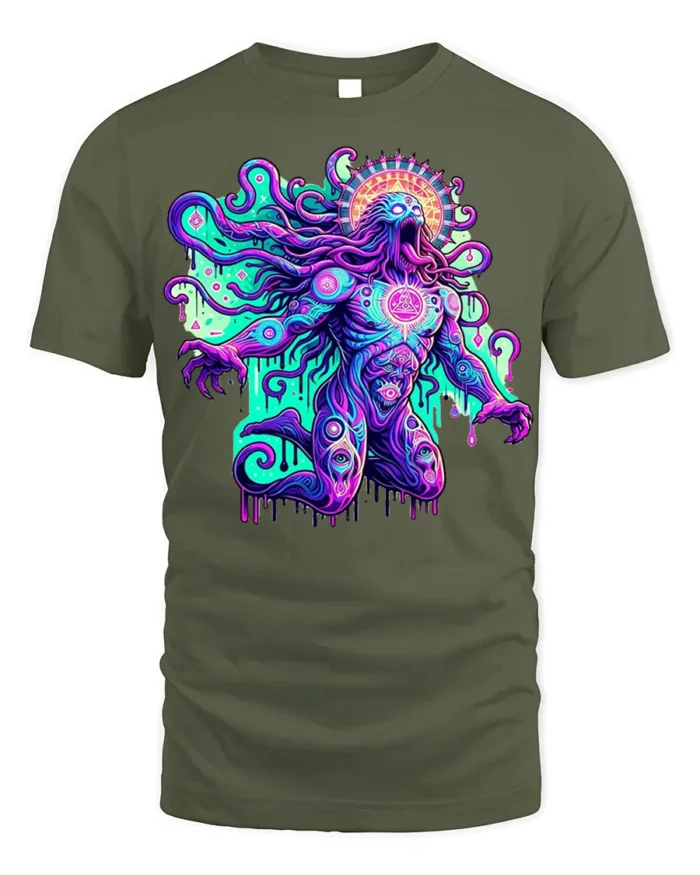Psychedelic Cosmic Deity Graphic T-Shirt - military green t-shirt on white background