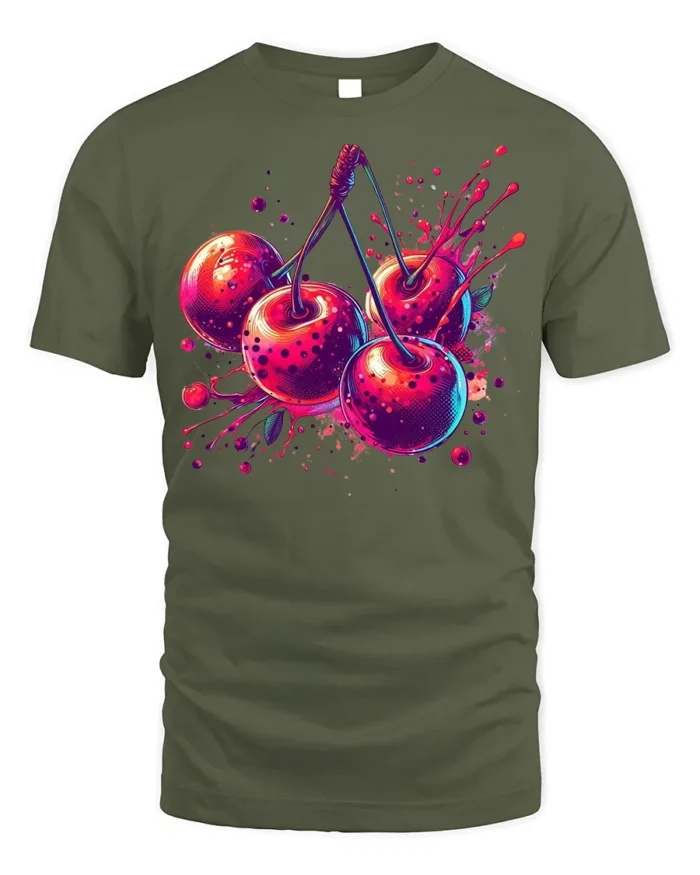 Neon Cherry Splash Fruit Art T-Shirt - military green t-shirt on white background