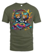 DJ Kittens Party Mix Graphic T-Shirt for Cat Fans - military green t-shirt on white background