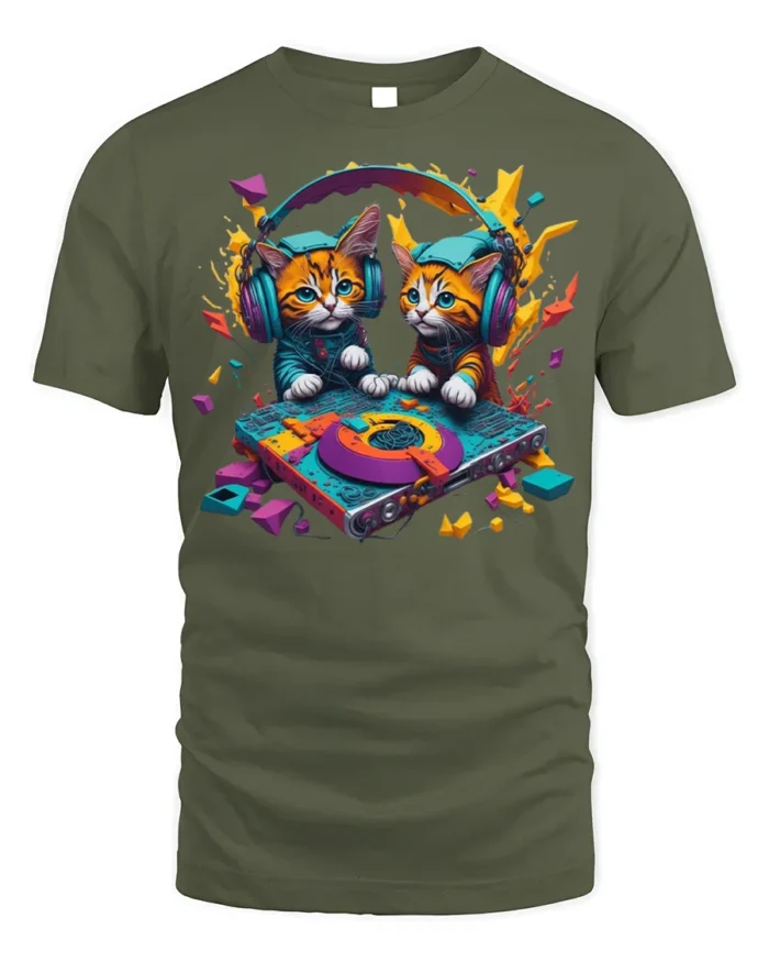 DJ Kittens Party Mix Graphic T-Shirt for Cat Fans - military green t-shirt on white background