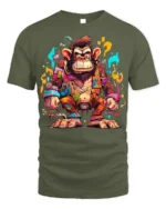 Colorful Crazy Monkey Street Art T-Shirt - military green t-shirt on white background