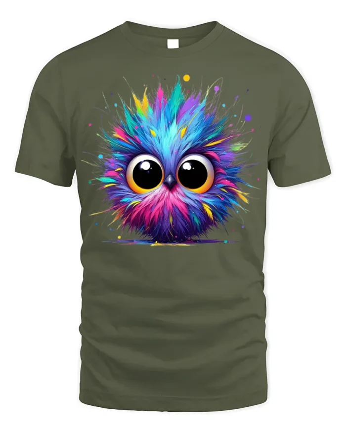 Colorful Big Eyes Owl T-shirt for Cute Animal Lovers - military green t-shirt on white background