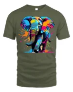 Color Splash Elephant Graphic Animal T-Shirt - military green t-shirt on white background