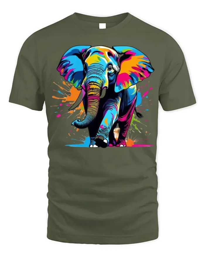 Color Splash Elephant Graphic Animal T-Shirt - military green t-shirt on white background