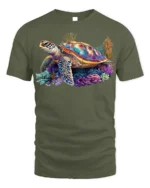 Colorful Sea Turtle T-shirt Ocean Animal Lovers Tee - military green t-shirt on white background