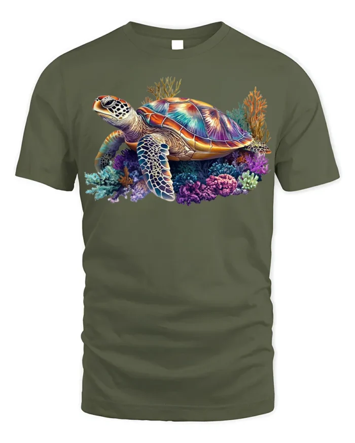 Colorful Sea Turtle T-shirt Ocean Animal Lovers Tee - military green t-shirt on white background