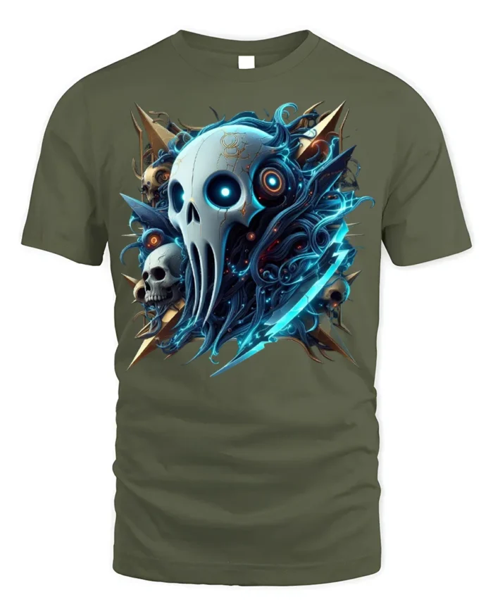 Cyber Reaper Skull T-shirt Gothic Tech Style Tee - military green t-shirt on white background