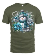 Snowman Christmas T-shirt with Blue Floral Design - military green t-shirt on white background