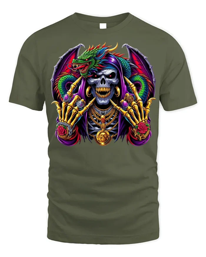 Grim Reaper Dragon T-shirt with Gothic Artwork - military green t-shirt on white background
