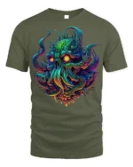 Psychedelic Cthulhu Skull Monster T-shirt - military green t-shirt on white background