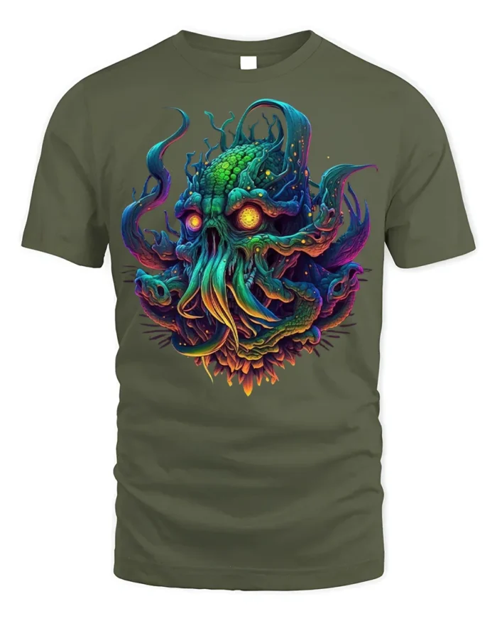 Psychedelic Cthulhu Skull Monster T-shirt - military green t-shirt on white background