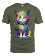Colorful Paint Splash Cat Graphic T-shirt - military green t-shirt on white background
