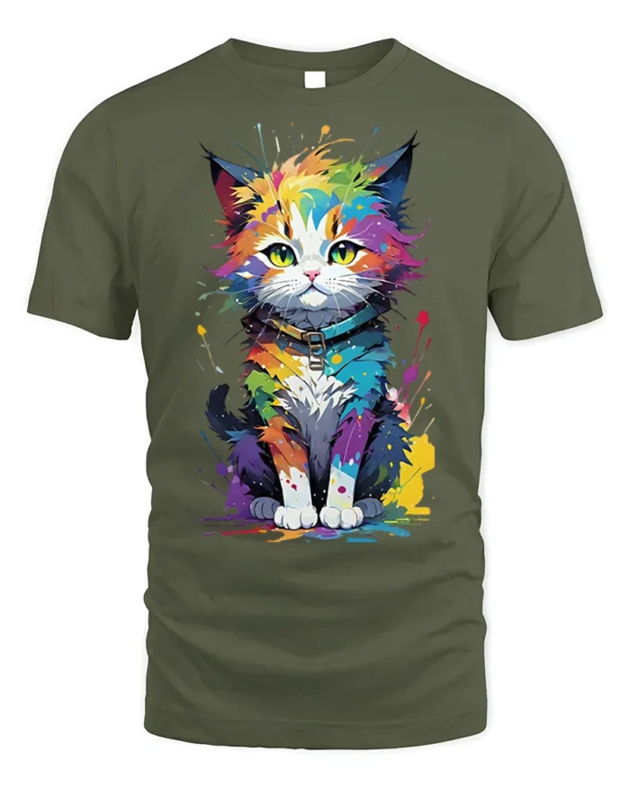 Colorful Paint Splash Cat Graphic T-shirt - military green t-shirt on white background