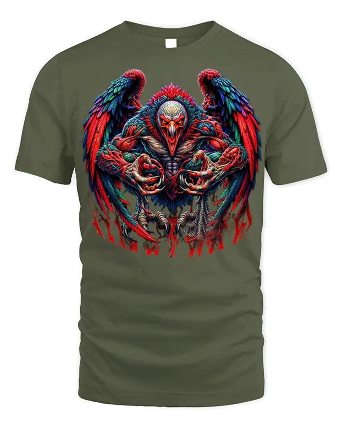 Savage Demon Rooster Graphic T-shirt for Men - military green t-shirt on white background