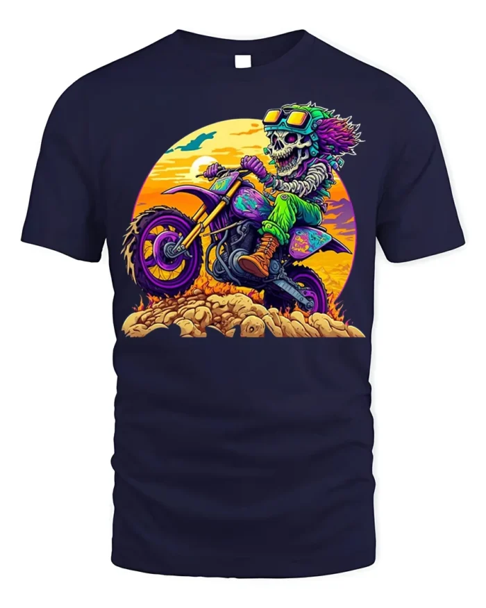 Psychedelic Skeleton Dirt Bike Rider T-Shirt - navy t-shirt on white background