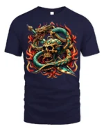 Flaming Skull Snake Sword Graphic T-Shirt - navy t-shirt on white background