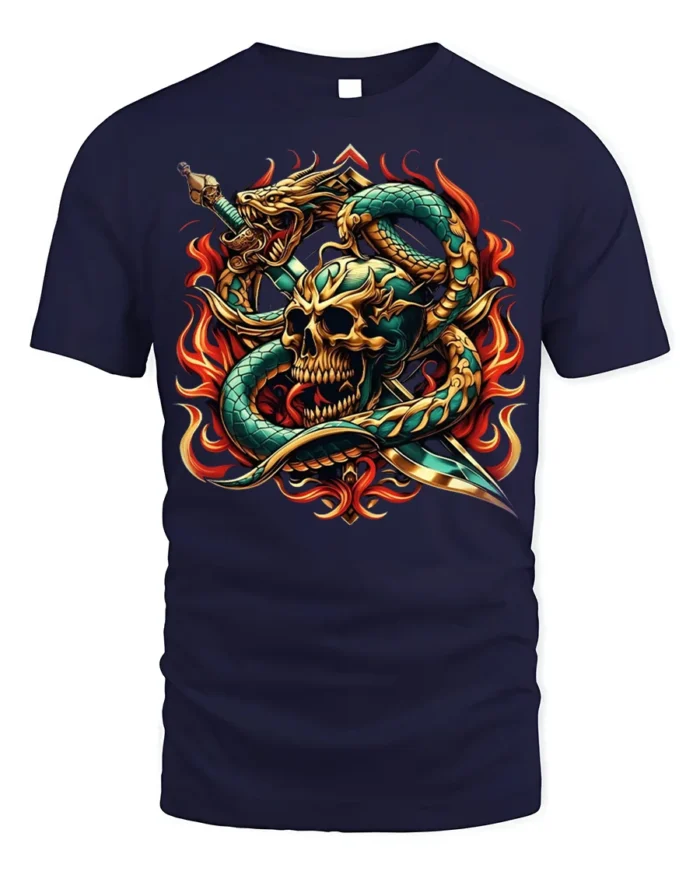Flaming Skull Snake Sword Graphic T-Shirt - navy t-shirt on white background