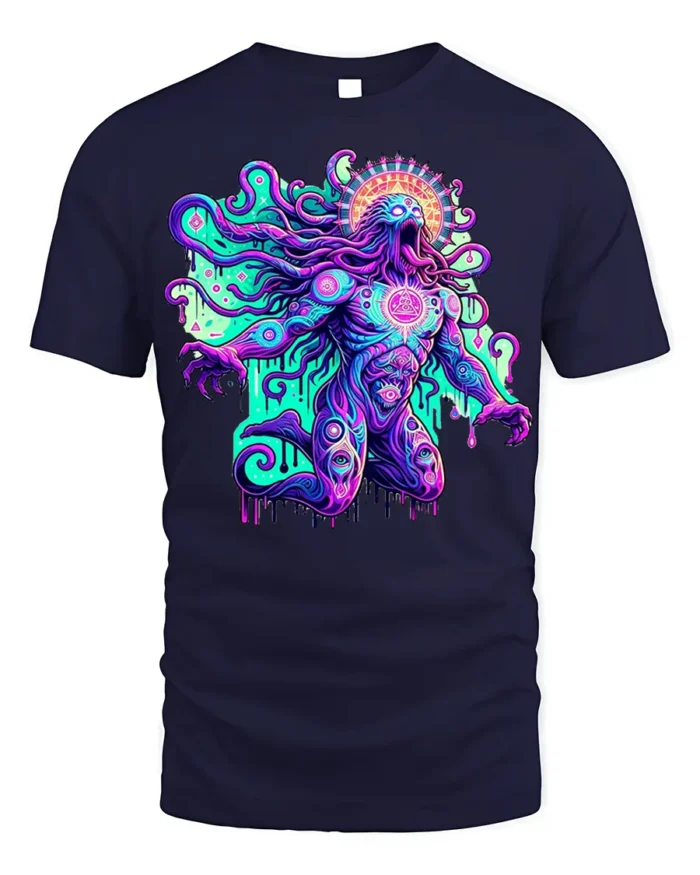 Psychedelic Cosmic Deity Graphic T-Shirt - navy t-shirt on white background