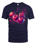 Neon Cherry Splash Fruit Art T-Shirt - navy t-shirt on white background