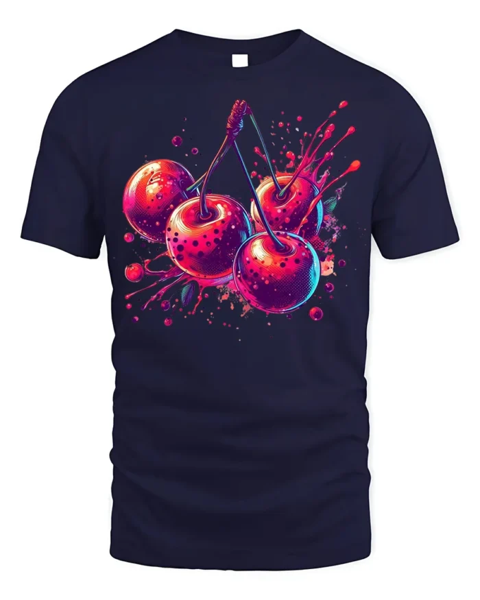 Neon Cherry Splash Fruit Art T-Shirt - navy t-shirt on white background