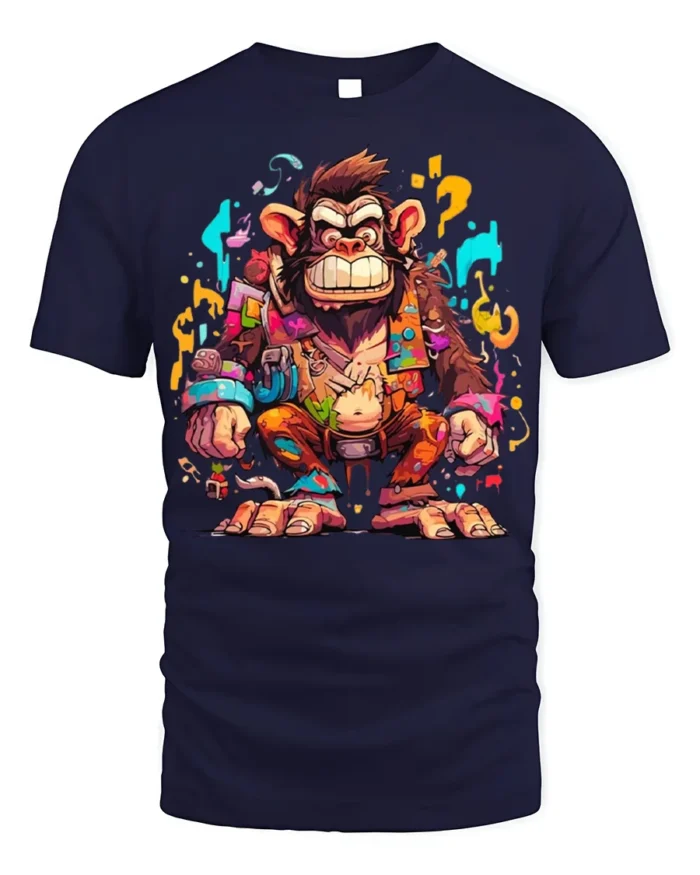Colorful Crazy Monkey Street Art T-Shirt - navy t-shirt on white background
