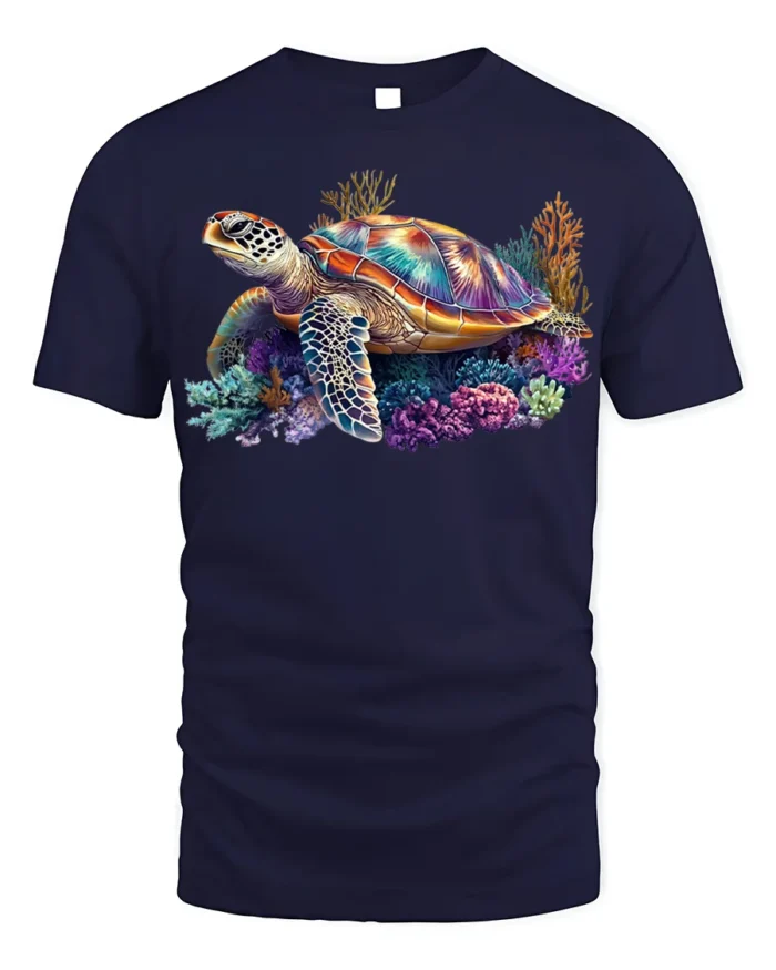 Colorful Sea Turtle T-shirt Ocean Animal Lovers Tee - navy t-shirt on white background