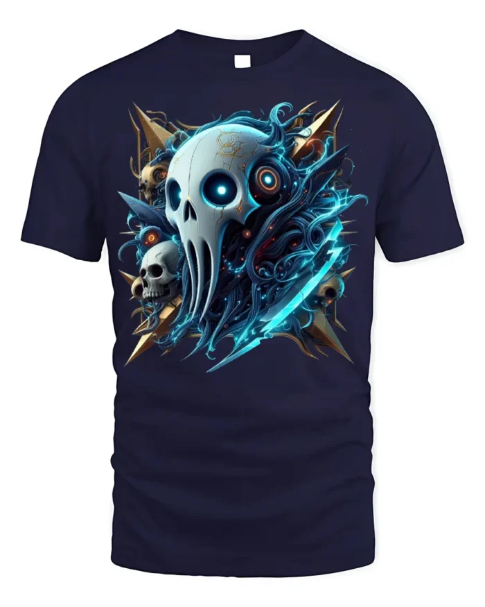 Cyber Reaper Skull T-shirt Gothic Tech Style Tee - navy t-shirt on white background